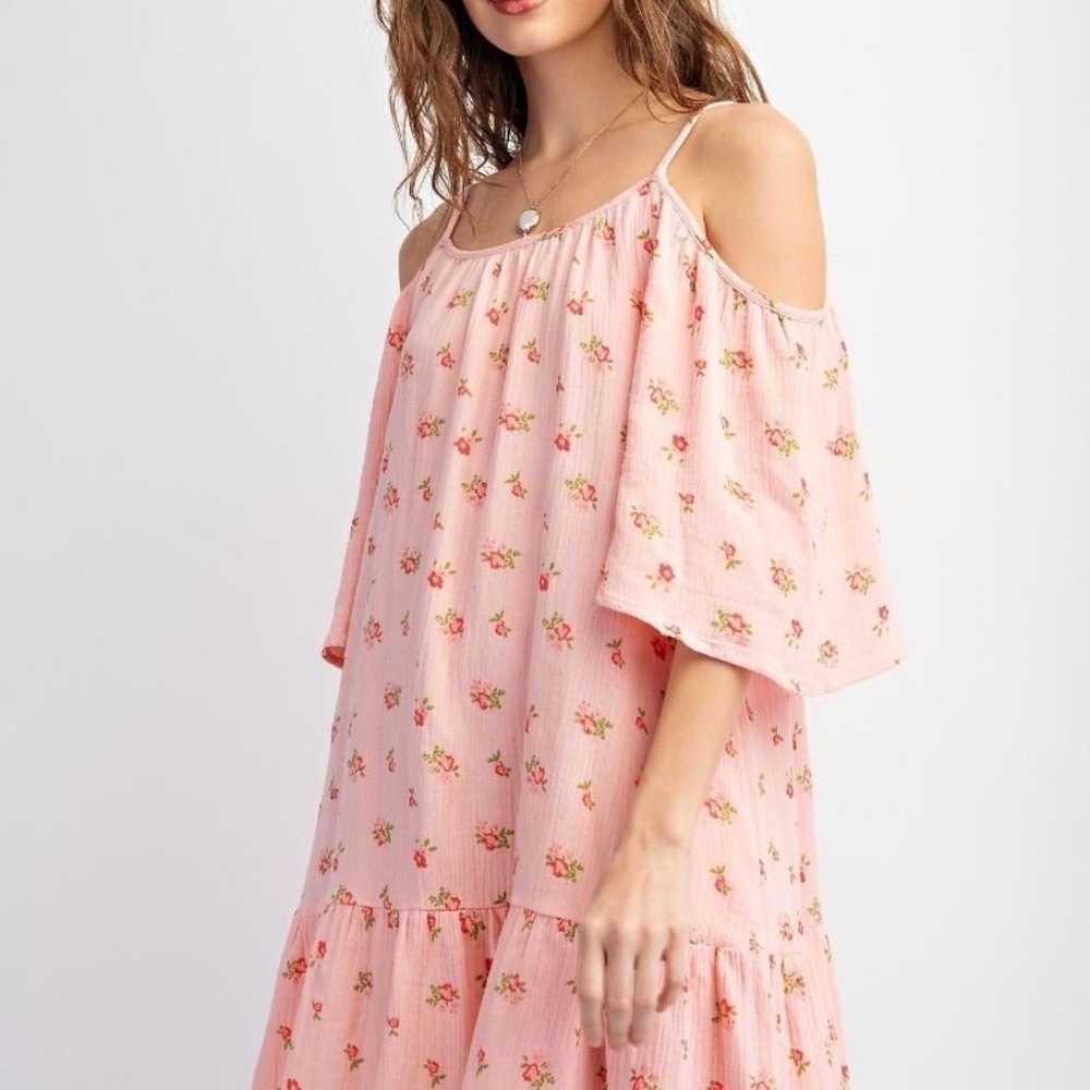 New Easel Cold Shoulder Dress Pom Pom Trim Ruffle Gauze Pink Floral Pockets - Picture 3 of 12
